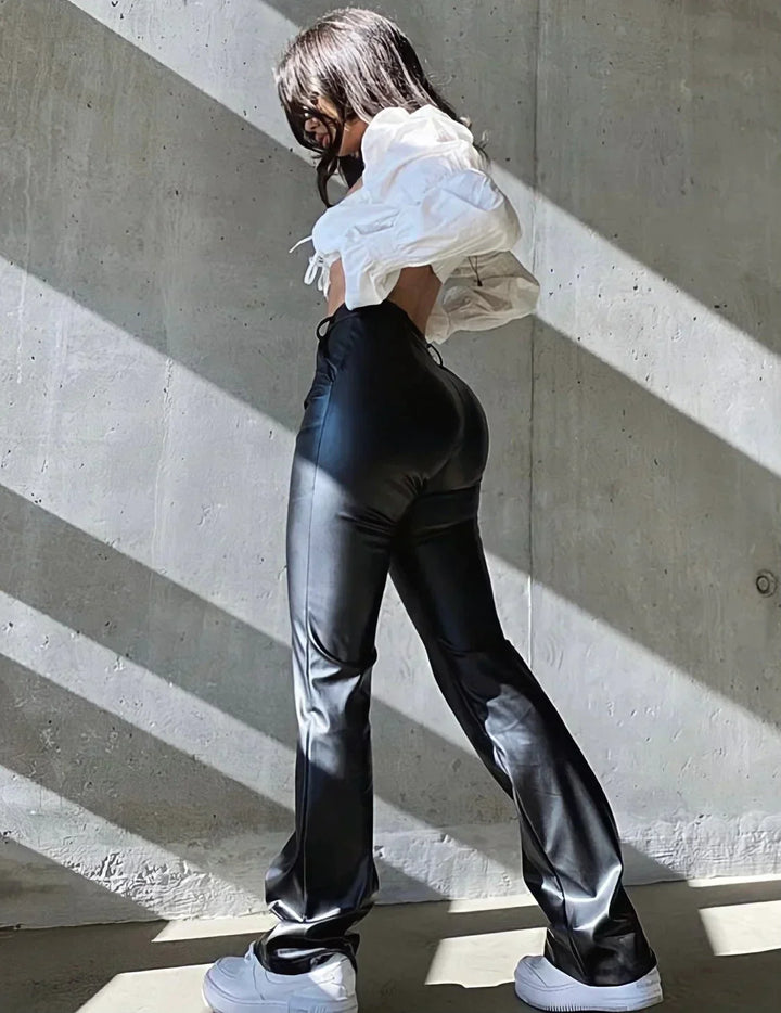 Amalea | Vegan Leren Broek met Hoge Taille